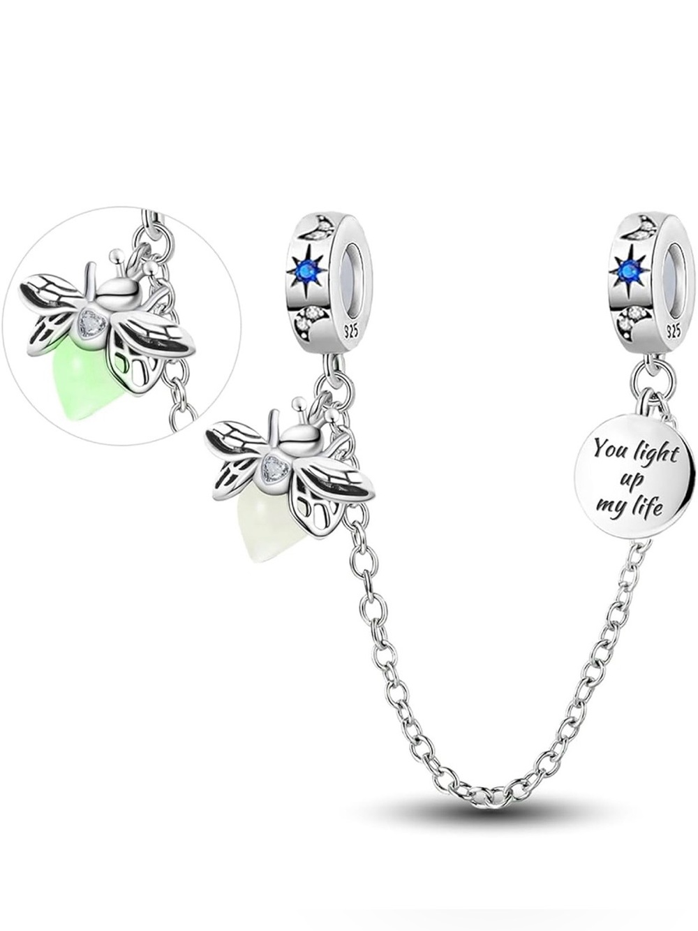 ✨ Sterling Silver Glow-in-the-Dark Firefly Safety Chain Charm